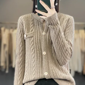 6 цвята, нов дамски жилетка от 100% австралийска вълна, пуловер с кръгло деколте, модерен универсален вязаный пуловер с дълъг ръкав, къс дамски кардигана