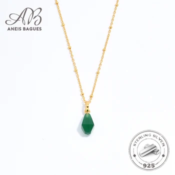 Aneis Bagues Ретро Натурален Геометричен висулка от зелен Ахат 925 сребро, позлатените колие-верижка за жени, Изискани бижута