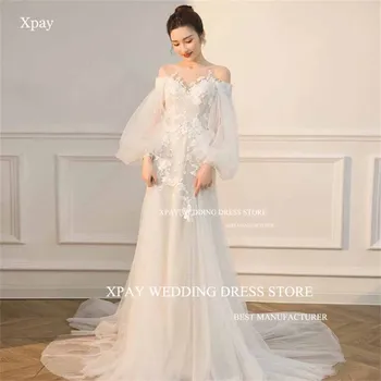XPAY Булчинска рокля с открити рамене Дантелени апликации с дълги буйни ръкав на Корейското сватбена рокля Фотосесия на булката Рокля с влак