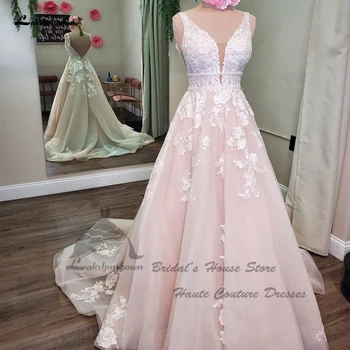Реколта розови сватбени рокли за жени 2023 Vestidos с V-образно деколте и с отворен гръб, булчински рокли в стил бохо, дантела и апликация с пайети