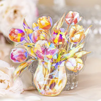10 Бр. 3D Стикери за цветя във ваза Златни Холограма на големи цветни етикети за декоративно и приложно изкуство, водене на дневник, консумативи за scrapbooking