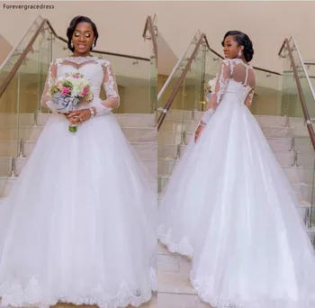 2019 Ново Нигерийски Сватбена рокля Трапецовидна форма с прозрачно деколте и дълъг ръкав на Сватбена рокля с дантелен аппликацией, сшитое на поръчката, Плюс Размер