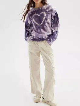 2023 Дамски демисезонная Свободна hoody с дълъг ръкав и принтом във формата на сърце, пуловер с кръгло деколте, градинска облекло