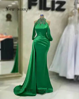 2023 Елегантни Зелени бисерных кристали, дълги вечерни рокли с високо воротом, вечерни рокли от сатен на Русалка, за да си официална вечеря, сватбени облекла за гости