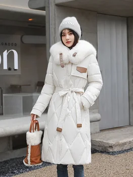 2023 Ново дамско зимно палто с подплата памук, зимни паркове с много кожа яка, дълъг топло яке-пуховик с колан