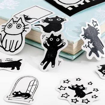 45 броя мини стикери за кутии с котки, черно-бяла рисунка, материал, хартия, етикети за scrapbooking, проектанти за преносими компютри, проектанти 4 см