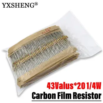 860 бр./ЛОТ 43 стойности * 20Pcs1 /4 0,25 W W 5% Комплект Набор от резистори резистори Асорти Комплект Съпротива 1R - 1M Ом Комплект резистори от въглеродна филм