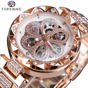 Forsining Женски автоматични механични часовници с куха листа плоча Модерни водоустойчиви дамски часовници с кристали за почивка