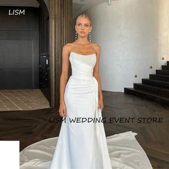 LISM Модерни сватбени рокли от мек сатен без презрамки с перли, плисета, влак, сватбени рокли Vestido de noiva Country Robe de mariage
