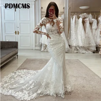 PDMCMS Дантелени сватбени рокли на Русалка, в Елегантна рокля на булката с влак, сладък секси рокли принцеса Vestidos De Новия с аппликацией