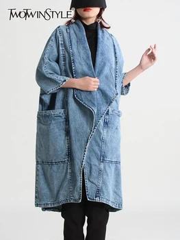 TWOTWINSTYLE твърди свободни ежедневни дънкови палта за жени отличителни с дълъг ръкав мозайка джоба темперамент тренч дамска мода нова