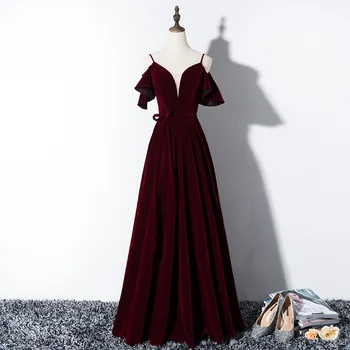 Бордо секси елегантни вечерни рокли в подтяжках с V-образно деколте, Бархатное рокля, дамско луксозно вечерна рокля, дамски елегантен халат longue rouge