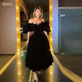 Велурени рокли за бала с дължина до глезена Qanz, черни вечерни рокли с отворени рамене, вечерни рокли трапецовидна форма луксозни 2023