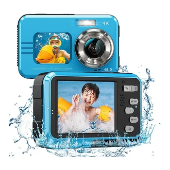 Водоустойчив 4K камера, подводна камера с 16 кратно цифрово увеличение, цифров фотоапарат с два екрана, селфи 48 Mp за деца с шнорхел.