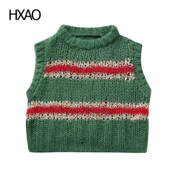 Вязаный жилетка HXAO, женски жилетка в райе, скъсяване на пуловери, жилетки без ръкави за жени, Новият трикотажный пуловер с кръгло деколте, Вязаный пуловер