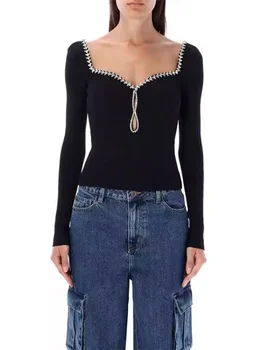 Вязаный пуловер за жени 2023, Нов, Квадратен яка с диамантена повърхност, Тънък Случайни пуловер с дълги ръкави