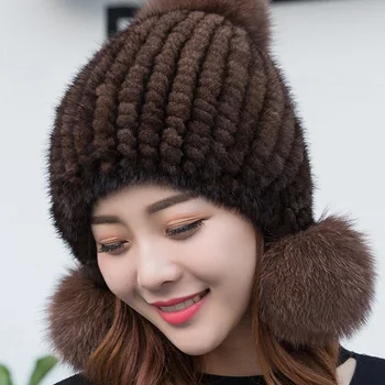 Дамска шапка от кожа на Норка, зимни удебелена капачка за защита на ушите, възли шапки от естествена кожа с лисьим топче, модна шапка от естествена кожа на норка