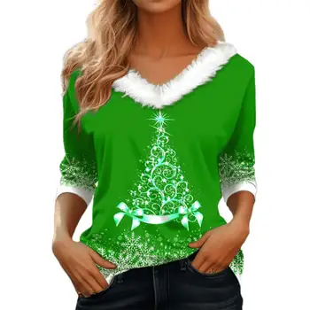 Дамски топли Блузи с дълъг ръкав и принтом елхи, Женствена тениска с V-образно деколте и дълъг ръкав, Празничен Есенно-зимния Пуловер за ежедневието