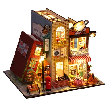 Дървена мини кукла къща с аксесоари, мебели, етажерка кът, кафене, играчки за куклена къща, Casa Roombox, подаръци за рожден ден за възрастни