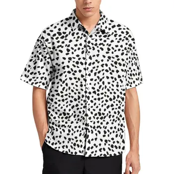 Ежедневна риза с принтом Dalmation, черна плажна свободна риза на точки, Хавайски градинска облекло, блузи с къс ръкав, дизайнерски дрехи оверсайз