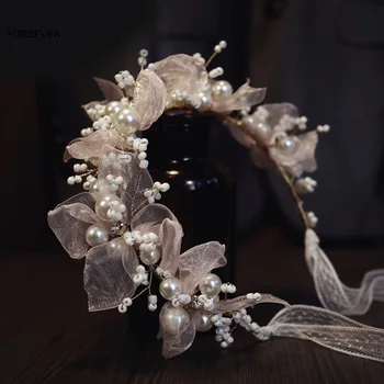 Елегантна перлена превръзка на главата, розово цвете, скъпа сватбена прическа за младоженци, очарователни бижута, подаръци за жени SL