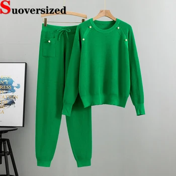 Есенно-зимни зелени плетени комплекти от 2 теми, всекидневни женски пуловер, пуловер и обикновена еластични спортни панталони с висока талия.