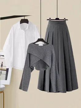Есента комплект от 3 теми за жени, Офис дамски Елегантни плетени блузи с неправилна форма + бяла блуза + комплекти плиссированных поли с висока талия 2023