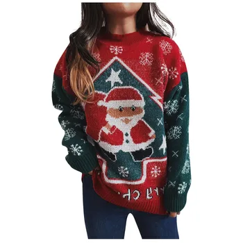Жаккардовый пуловер в Коледна елха, женски вязаный пуловер в европейски и американски стил, с кръгло деколте и дълъг ръкав, Коледен вязаный пуловер с подсветка