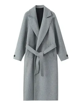 Жена Вълна палто с колан, Свободно, с дълъг ръкав, Двубортное, Есенно-зимно Дълго яке, Обикновен Вълнен женски тренч