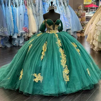 Зелена Бална Рокля Quinceanera Dress 2024 Със Златна Дантела Аппликацией И Дълъг Влак XV Princess Vestidos De 15 Años Birthday Sweet 16 Dress
