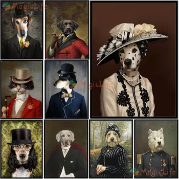 Класическата карикатура Стенни картини за домашни кучета Платно Картина Възстановяване на древните обичаи Плакати с животински Щампи модели за хола, без рамка