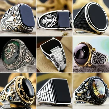 Класически мъжки пръстен Модерен метал, златист цвят, инкрустиран черен камък, циркон, пънк-пръстени за мъже, пръстени луксозни сватбени бижута