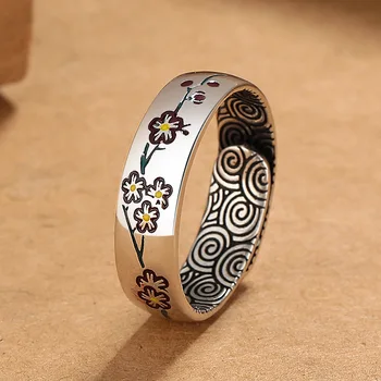Купете етническа пръстен на безименния пръст от сребро 925 проба, Елегантна отворен пръстен във формата на Цвете сливи за жени, мъже, бижута кръг