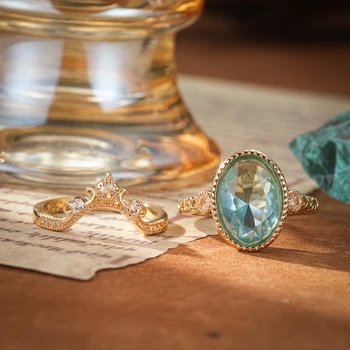 Луксозен дамски короната златен цвят, Аквамарин, Овална пръстен с кубическим цирконием, Модерен Лек пръстен, Комплект за бижута и аксесоари