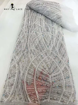 Луксозни вечерни рокли May Дантела 2023, висококачествена бродерия, Френската дантела, Африканска лейси плат с пайети и мъниста за Коледа
