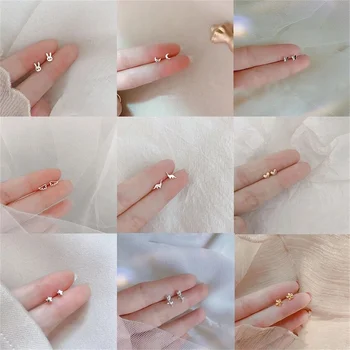 Малки минималистичные със сребърно покритие корейски мини-обеци-карамфил за жени и момичета, едно малко сърце, Луна, звезда, заек, прости бижута за пиърсинг на ушите