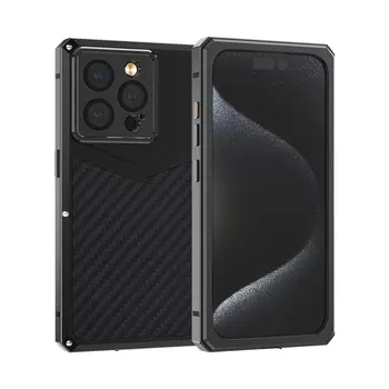 Метален калъф от естествен въглеродни влакна за iPhone 15 Pro Max 14 13 Pro, стъклена филм, камерален защита на обектива, пълно покритие