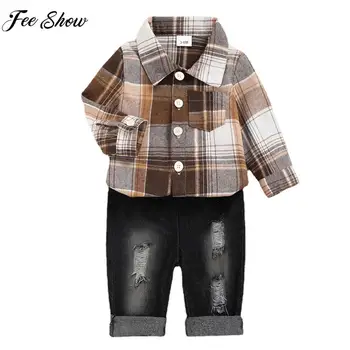 Модерен всекидневен костюм за малки момчета, пролетно-есенна клетчатая риза с дълъг ръкав и ревери, скъсаните джинси, дрехи за ежедневието, облекла за отдих
