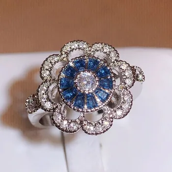 Модни бижута от сребро 925 проба във формата на цвете, изискан дворец стил, ретро, сини пръстени за жени, сапфир, циркон, женски празнично пръстен