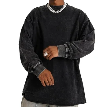 Мъжка тениска с дълъг ръкав в ретро стил от 100% памук, свободна градинска дрехи големи размери, модни пуловери, есенна памучен hoody, качулки