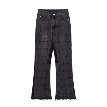 Мъжки дънки с приталенной линия на талията, latticework дънкови панталони в стил ретро, модерни ежедневни улични панталони в стил хип-хоп в американски стил