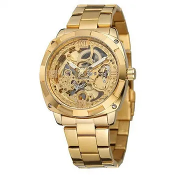 Мъжки механичен часовник с кух дизайн, часовници с каишка от неръждаема стомана, луксозни ръчни часовници златни на цвят, мъжки часовник за почивка.