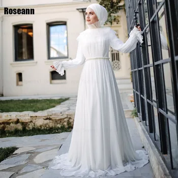 Мюсюлманските 2024 Нови прости сватбени рокли трапецовидна форма, висока яка, колан, тюл, драпирани гънки, дължина до пода рокля на булката robe de mariée