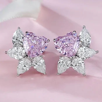 Обици във формата на сърце, украсена с цветни диаманти и розови диаманти, 8 * 8, леки и стилни луксозни обеци, 9