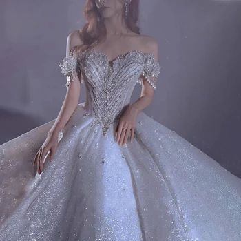Прекрасни сватбени рокли с диаманти, отворени рамене, пайети, Принцеса, Перлени Много Лъскава рокля на булката Robe De Mariee 2023