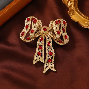 Ретро Лък от сплав в златен цвят с червени пайети, Брошка 71 * 85 мм, Икона на булавках за дамски якета, чанта, бижута, подаръци