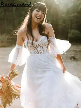 Романтични сватбени рокли с илюзията за подвижни ръкави трапециевидного силует с аппликацией във формата на сърце, дантелено сватбена рокля в стил Кънтри