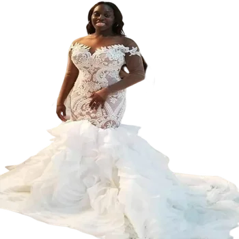 Сватбени рокли в Африканския стил с дълги ръкави, Лейси илюзия Русалка, Луксозно на няколко Нива, къдри, сватбената рокля на по-големи размери, Vestido De новия
