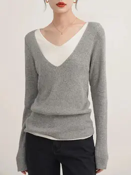 Свързани едно парче пуловер, пуловер, женски есента вязаный жилетка в стил мозайка с V-образно деколте, тънка случайни топ