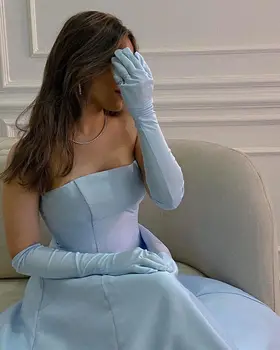 Страхотна светло сини сатенени дълги рокли за абитуриентски бал, трапецовидна форма, без презрамки и дължина до щиколоток, Секси вечерна рокля от Саудитска Арабия